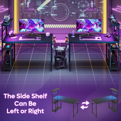 Bestier 44.3" Gaming Desk with RGB LED Light, Computer Desk with 4 Tier Reversible Storage Shelves, Hooks and Magnet