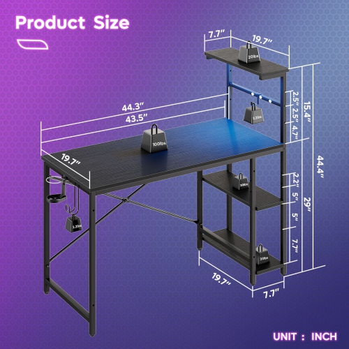 Bestier 44.3" Gaming Desk with RGB LED Light, Computer Desk with 4 Tier Reversible Storage Shelves, Hooks and Magnet