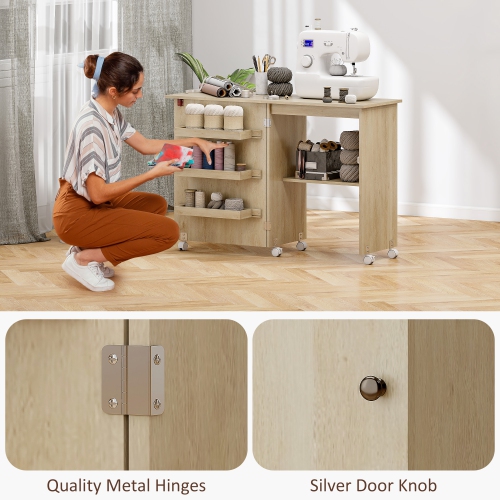 HOMCOM Folding Sewing Table, Rolling Sewing Machine Cabinet, Multipurpose Craft Table with Storage Shelf, Bins and Lockable Wheels for Small Space,