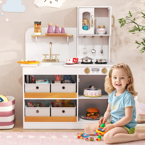 Gymax Kids Kitchen Playset Toy Play Kitchen w/ 4 Fabric Drawers Stoves Oven & Faucet