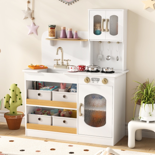 Gymax Kids Kitchen Playset Toy Play Kitchen w/ 4 Fabric Drawers Stoves Oven & Faucet