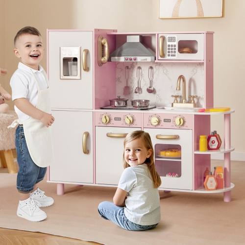 Gymax Kids Kitchen Playset w/ Apron Stoves Hood Oven Ice Maker Microwave Telephone