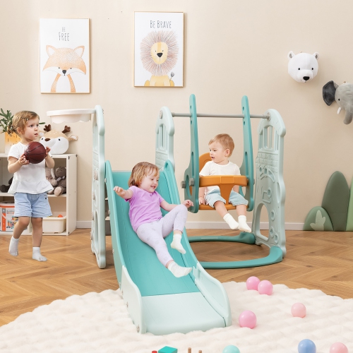 Gymax Toddler Slide and Swing Set 4-in-1 Indoor Playground w/ Extra-long Slide