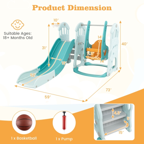 Gymax Toddler Slide and Swing Set 4-in-1 Indoor Playground w/ Extra-long Slide