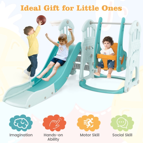 Gymax Toddler Slide and Swing Set 4-in-1 Indoor Playground w/ Extra-long Slide