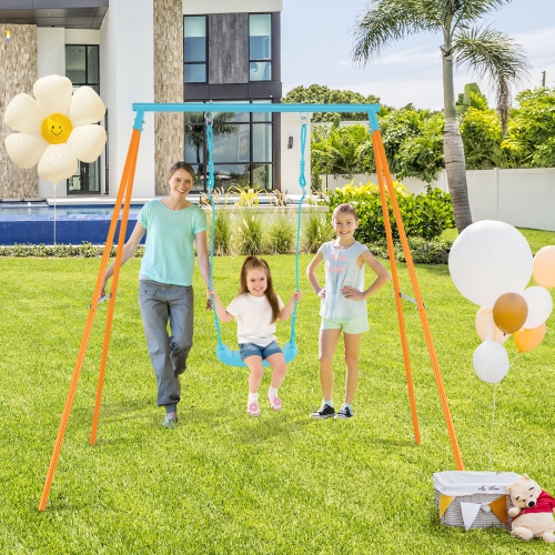 Gymax Toddler Swing Heavy Duty Metal Swing Set w/ A Frame Adjustable Ropes