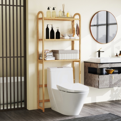 Gymax Bamboo over the Toilet Storage Shelf w/3-tier Open Shelf Adjustable Shelves