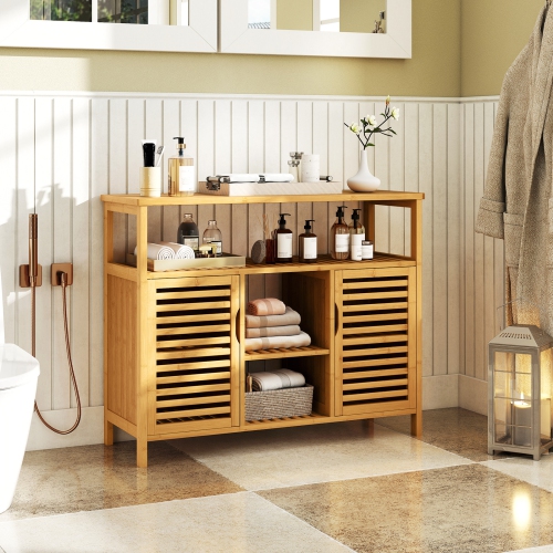 Gymax Bamboo Bathroom Cabinet 2-Door Storage Organizer w/ Shelves for Living Room