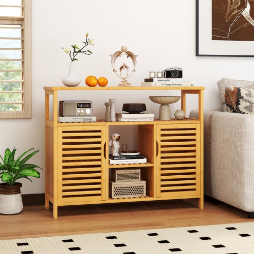 Gymax Bamboo Bathroom Cabinet 2-Door Storage Organizer w/ Shelves for Living Room