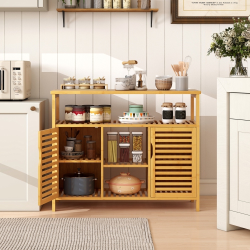 Gymax Bamboo Bathroom Cabinet 2-Door Storage Organizer w/ Shelves for Living Room