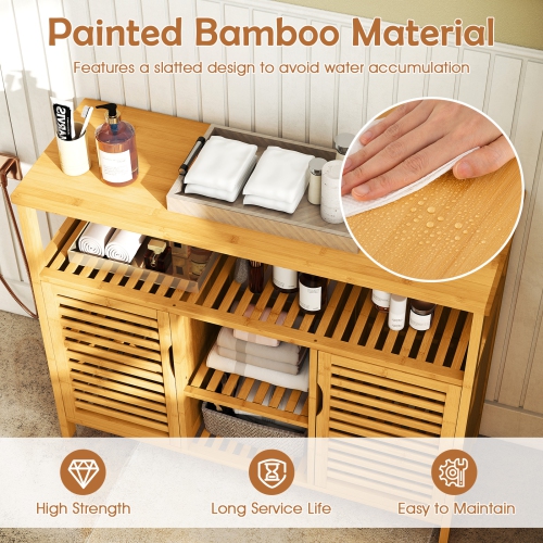 Gymax Bamboo Bathroom Cabinet 2-Door Storage Organizer w/ Shelves for Living Room