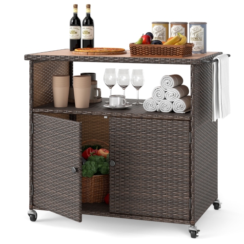 Gymax Outdoor Storage Cabinet w/Acacia Wood Top 2 Doors Buffet Cabinet Sideboard