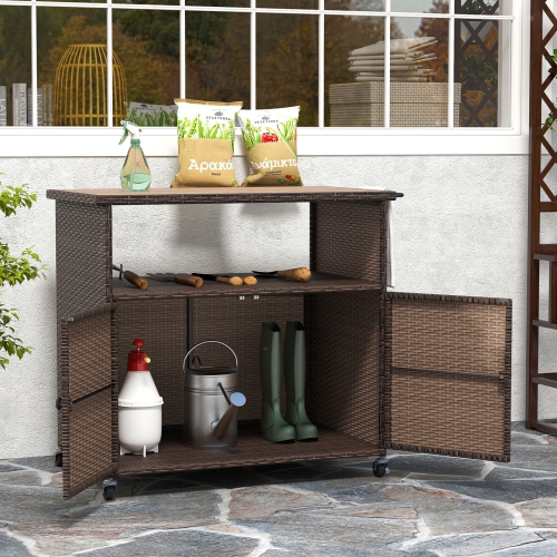 Gymax Outdoor Storage Cabinet w/Acacia Wood Top 2 Doors Buffet Cabinet Sideboard
