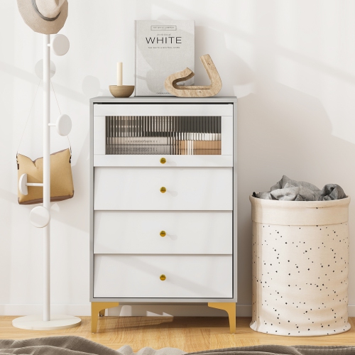 Gymax 2PCS 3 Drawer Dresser 37.5'' Tall Dresser Chest of Drawers w/ Flip-up Fluted Glass Door