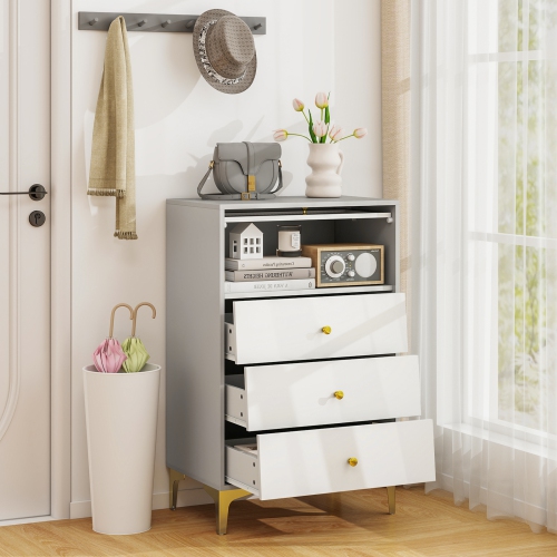 Gymax 3 Drawer Dresser 37.5'' Tall Dresser Chest of Drawers w/ Flip-up Fluted Glass Door