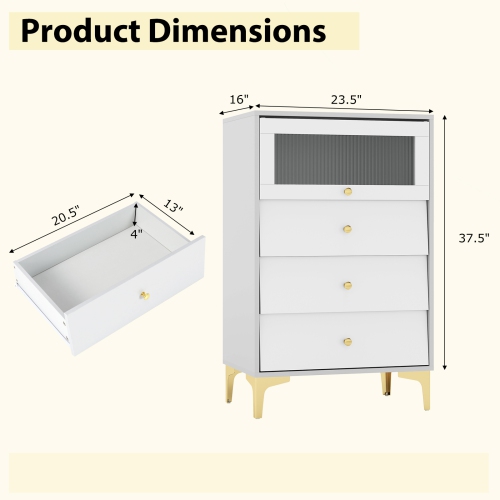Gymax 3 Drawer Dresser 37.5'' Tall Dresser Chest of Drawers w/ Flip-up Fluted Glass Door