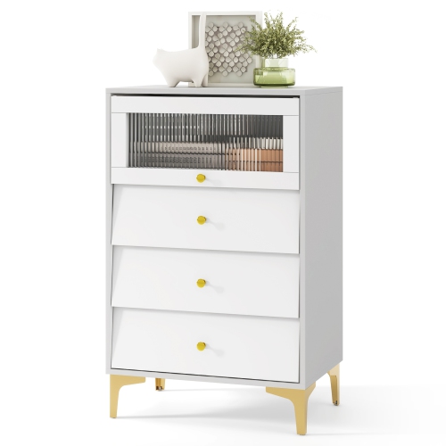 Gymax 3 Drawer Dresser 37.5'' Tall Dresser Chest of Drawers w/ Flip-up Fluted Glass Door
