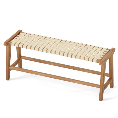 GYMAX  47" Long Teak Wood Patio Bench W/weave Seat Solid Wood Legs Backless for Porch