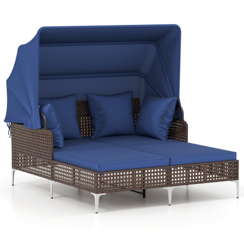 Gymax Daybed w/ Retractable Canopy PE Wicker Rattan Patio Double Chaise Lounger