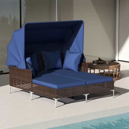 Gymax Daybed w/ Retractable Canopy PE Wicker Rattan Patio Double Chaise Lounger