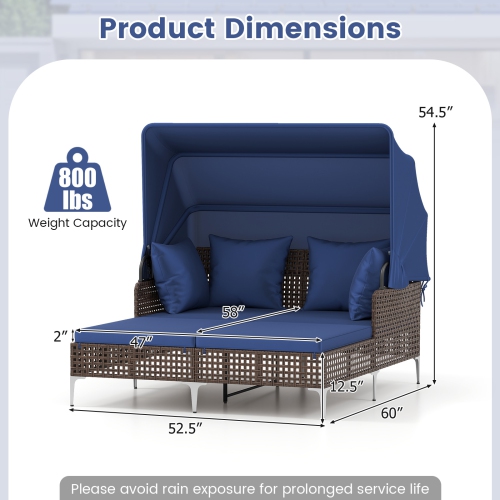 Gymax Daybed w/ Retractable Canopy PE Wicker Rattan Patio Double Chaise Lounger
