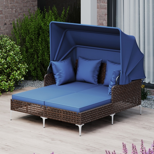 Gymax Daybed w/ Retractable Canopy PE Wicker Rattan Patio Double Chaise Lounger
