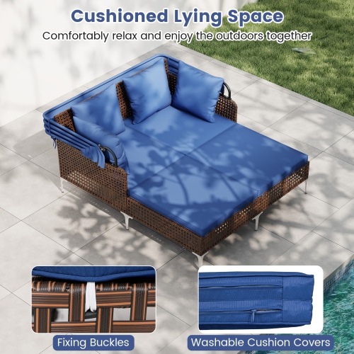 Gymax Daybed w/ Retractable Canopy PE Wicker Rattan Patio Double Chaise Lounger