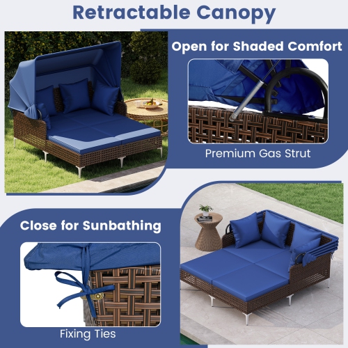 Gymax Daybed w/ Retractable Canopy PE Wicker Rattan Patio Double Chaise Lounger