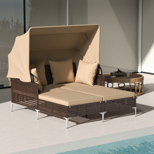 Gymax Daybed w/ Retractable Canopy PE Wicker Rattan Patio Double Chaise Lounger