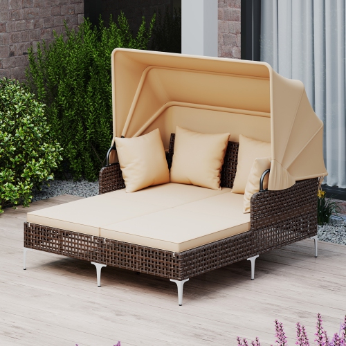 Gymax Daybed w/ Retractable Canopy PE Wicker Rattan Patio Double Chaise Lounger