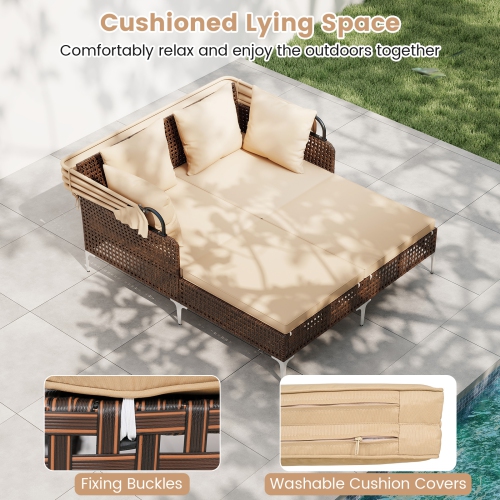 Gymax Daybed w/ Retractable Canopy PE Wicker Rattan Patio Double Chaise Lounger