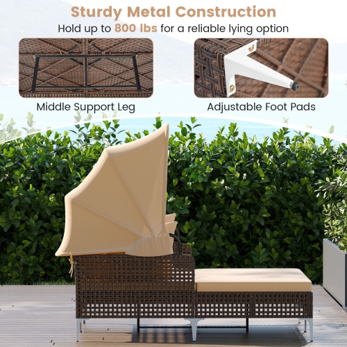Gymax Daybed w/ Retractable Canopy PE Wicker Rattan Patio Double Chaise Lounger