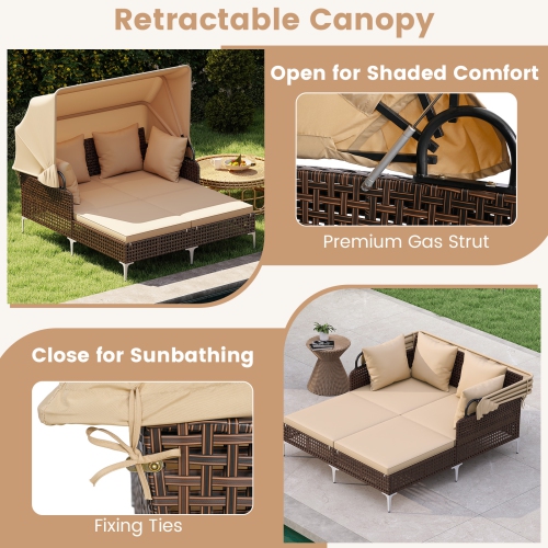 Gymax Daybed w/ Retractable Canopy PE Wicker Rattan Patio Double Chaise Lounger