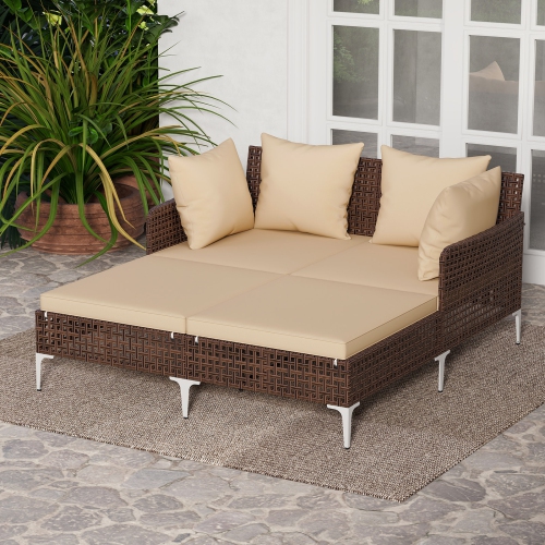 Gymax Outdoor Rattan Double Daybed Wicker Chaise Lounge for 2 w/ Seat & Back Cushions