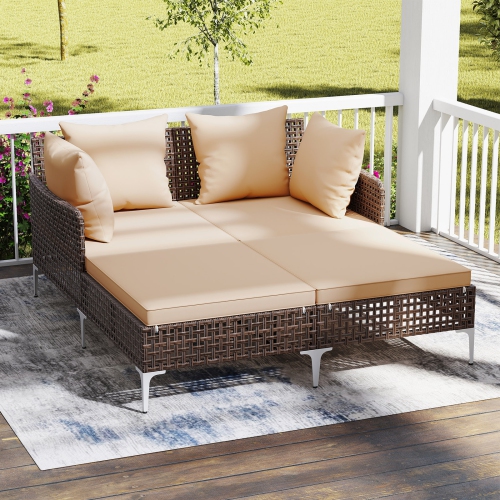 Gymax Outdoor Rattan Double Daybed Wicker Chaise Lounge for 2 w/ Seat & Back Cushions