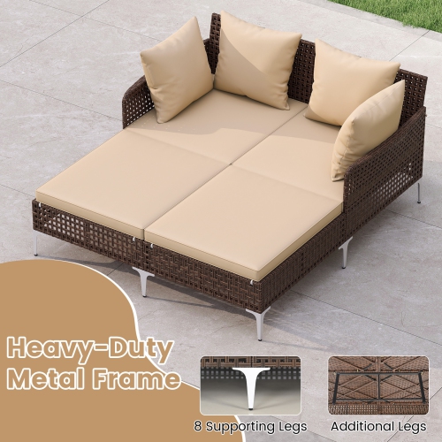 Gymax Outdoor Rattan Double Daybed Wicker Chaise Lounge for 2 w/ Seat & Back Cushions