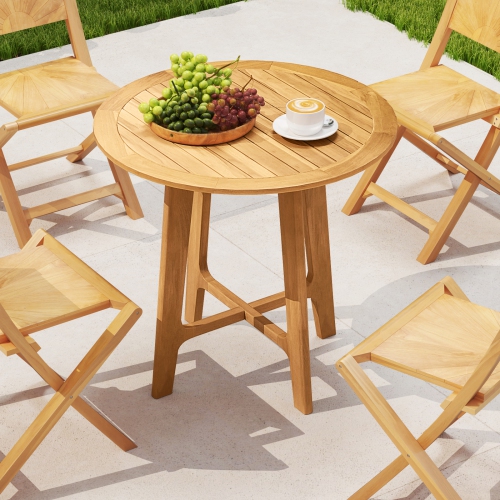 Gymax 31.5'' Patio Dining Table Round Teak Wood Dining Table w/ Slatted Tabletop Garden