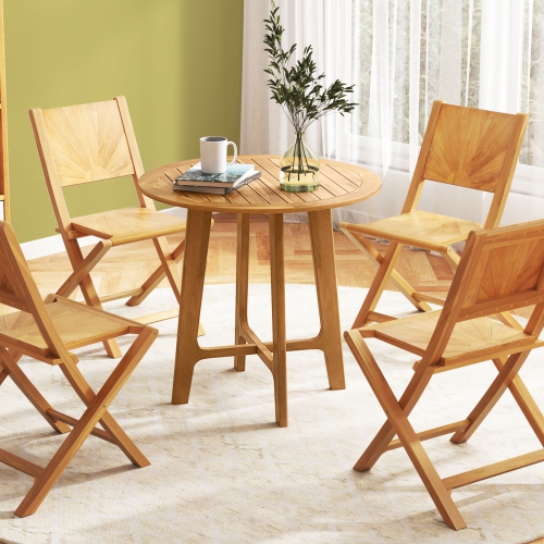 Gymax 31.5'' Patio Dining Table Round Teak Wood Dining Table w/ Slatted Tabletop Garden