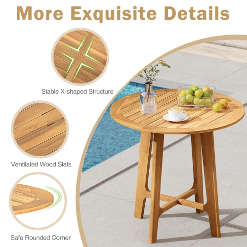 Gymax 31.5'' Patio Dining Table Round Teak Wood Dining Table w/ Slatted Tabletop Garden