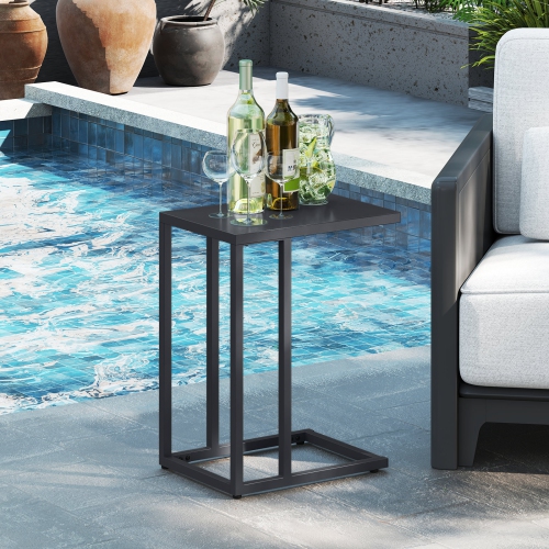 Gymax C Shaped End Table w/ Metal Frame Sofa Table for Small Space Indoor Outdoor