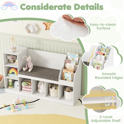 Gymax Wooden Kids Bookshelf w/Reading Nook Padded Seat Open Cubes Adjustable Shelf