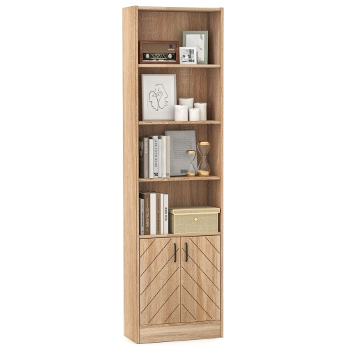 GYMAX  71" Bookshelf W/2-Door Cabinet 6-Tier Bookcase Tall Storage Cabinet Display Rack