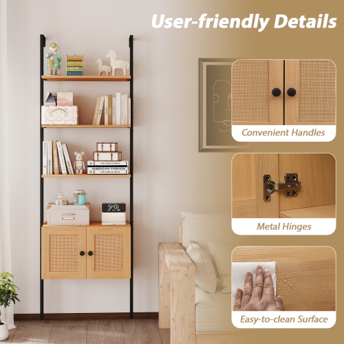 Gymax Wall-Mounted Ladder Shelf 5-tier Bookshelf w/ Rattan-Door Cabinet Display Rack