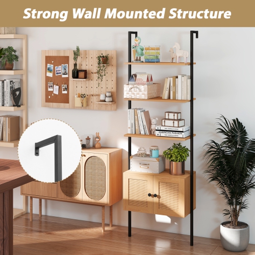 Gymax Wall-Mounted Ladder Shelf 5-tier Bookshelf w/ Rattan-Door Cabinet Display Rack