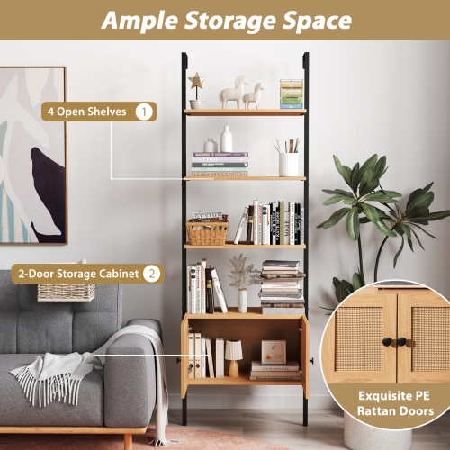 Gymax Wall-Mounted Ladder Shelf 5-tier Bookshelf w/ Rattan-Door Cabinet Display Rack