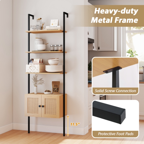 Gymax Wall-Mounted Ladder Shelf 5-tier Bookshelf w/ Rattan-Door Cabinet Display Rack