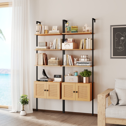 Gymax Wall-Mounted Ladder Shelf 5-tier Bookshelf w/ Rattan-Door Cabinet Display Rack