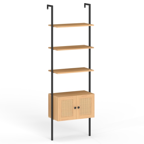 Gymax Wall-Mounted Ladder Shelf 5-tier Bookshelf w/ Rattan-Door Cabinet Display Rack