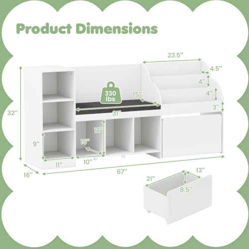 Gymax Wooden Kids Bookshelf w/Reading Nook Padded Seat Open Cubes Adjustable Shelf
