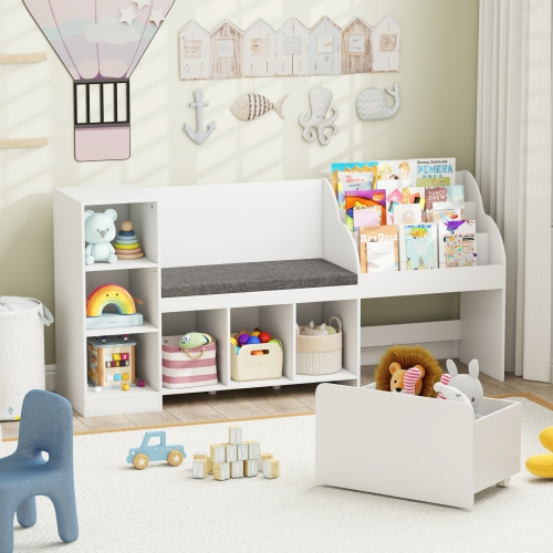 Gymax Wooden Kids Bookshelf w/Reading Nook Padded Seat Open Cubes Adjustable Shelf